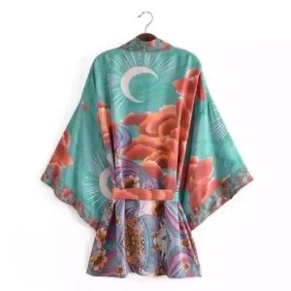 Green Cosmic Galaxy Moon Boho Short Kimono Coverup Robe - Picture 3 of 11